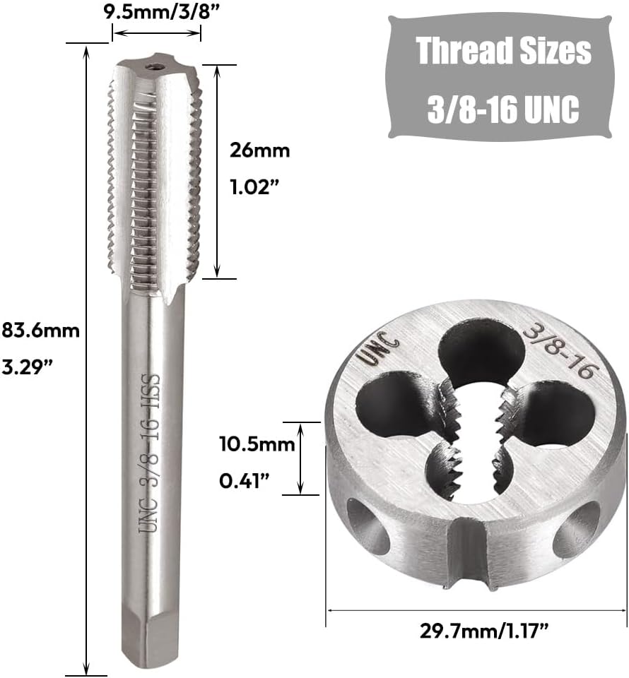 2pcs 3/8"-16 UNC Tap and Die Set, Threading Tap Die Set