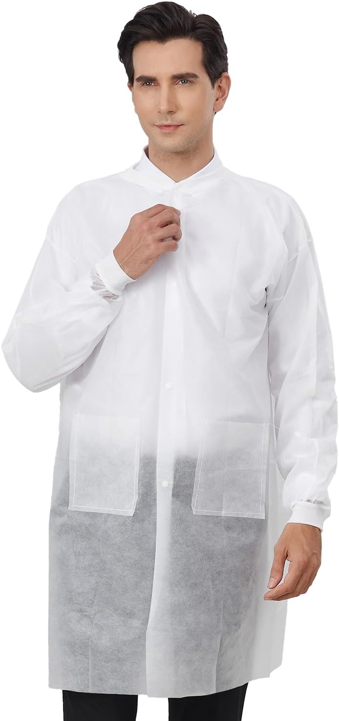 Disposable Lab Coats 10-Pack White 3 Pockets Knitted Cuffs S-2XL