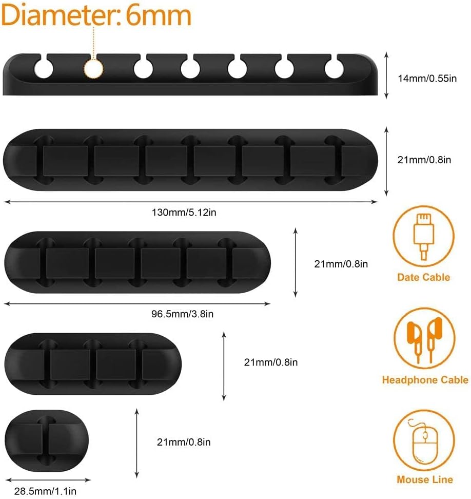 Cord Holder Cable Organizer Clips – Self Adhesive Cord Organizer for Desk, Car, Nightstands, Office, Black Silicone