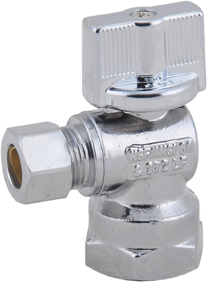LD Valve -1/4 Turn Angle Stop Valve 1/2-in FIP Iron Pipe x 3/8-in OD Compression, Quarter Turn LF Brass Chrome Plated