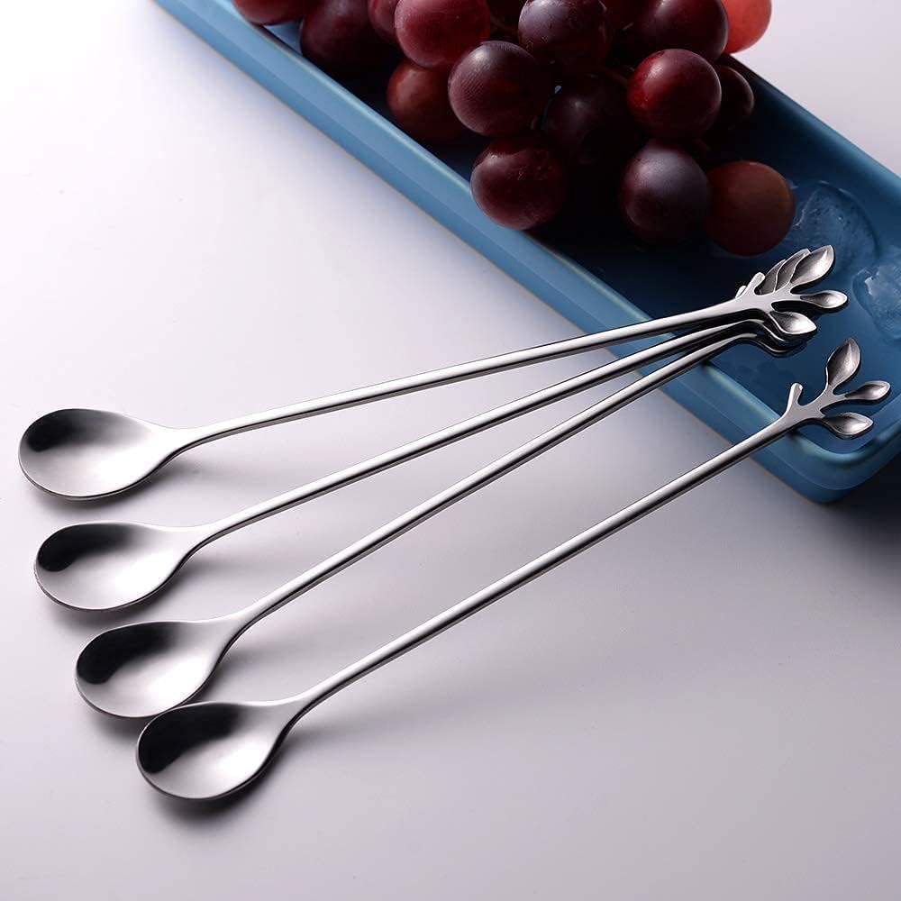 6-Piece Elegant Silver Leaf Long Handle Teaspoons - 7.4"