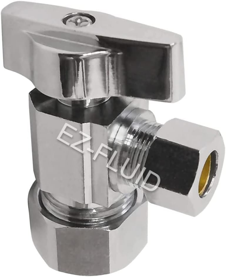 (1)EZ-Fluid Heavy Duty 1/2" Nom. (5/8" OD Comp) x 3/8" OD Comp Angle Stop Valve,1/4 Turn Handle,Chrome Brass Water
