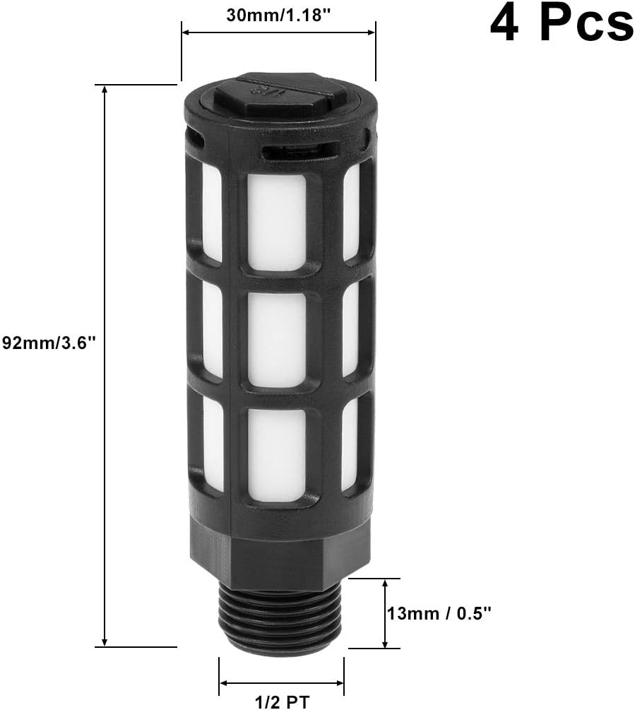 uxcell Plastic Pneumatic Muffler Exhaust Air Line Silencer 1/2 PT Black, 4pcs