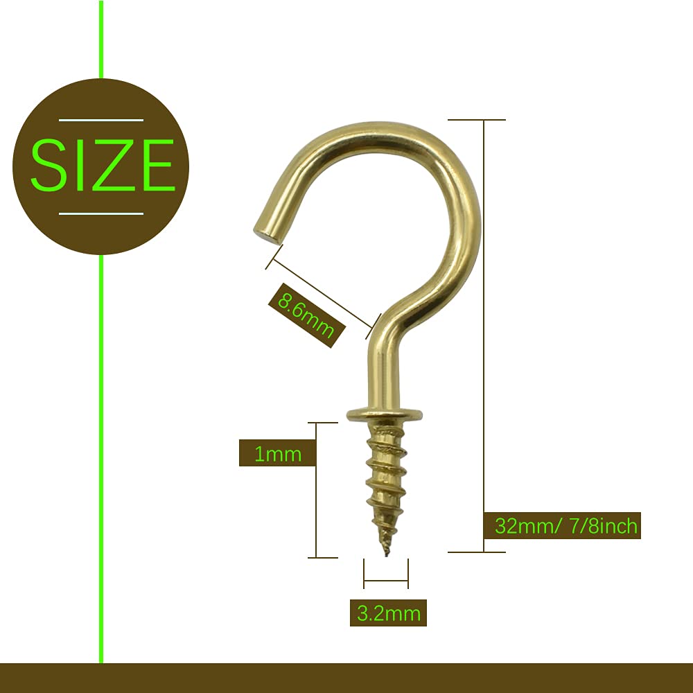 7/8 Inches 50Pcs Brass Plated Ceiling Hooks Cups Screw Hooks