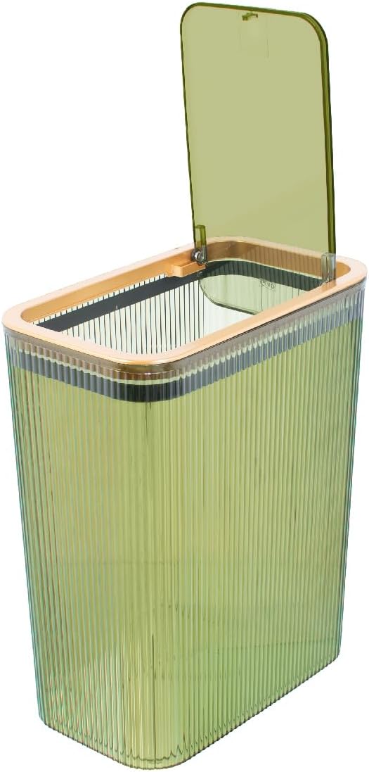 Bathroom Trash Can, 2.6 Gallon (10L) - Slim Plastic Waste Basket with Pop-Up Lid and Bag Ring - Colored Clear Trash