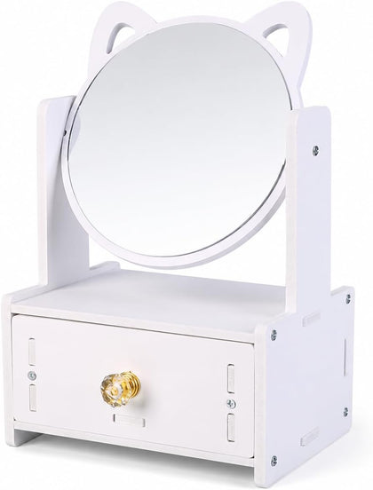 Desktop Makeup Mirror Organizer with Drawers, Compact Vanity Storage Box, Round Mirror, Cosmetic, Skincare and Jewelry