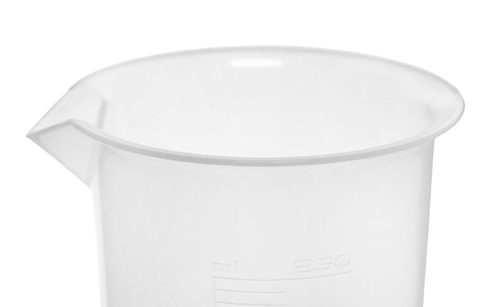 12PK Plastic Beakers, 250ml - Polypropylene Plastic - Raised Graduations, Tapered Spout - Euro Design