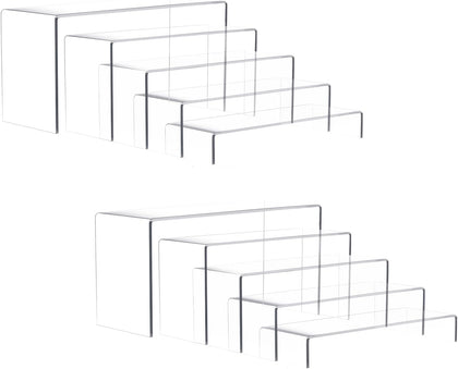 10 Pieces 2 Set (7”L~8”L~9”L) Large Display Risers, 4" Wide Clear Rectangular Stand Shelf for Showcase Collectibles