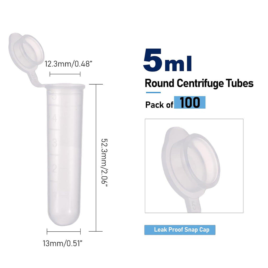 5mL Round Bottom Centrifuge Tubes with Rack, 100pcs | Plastic, Leak Proof, Clear, Graduated Marks and Writing Area