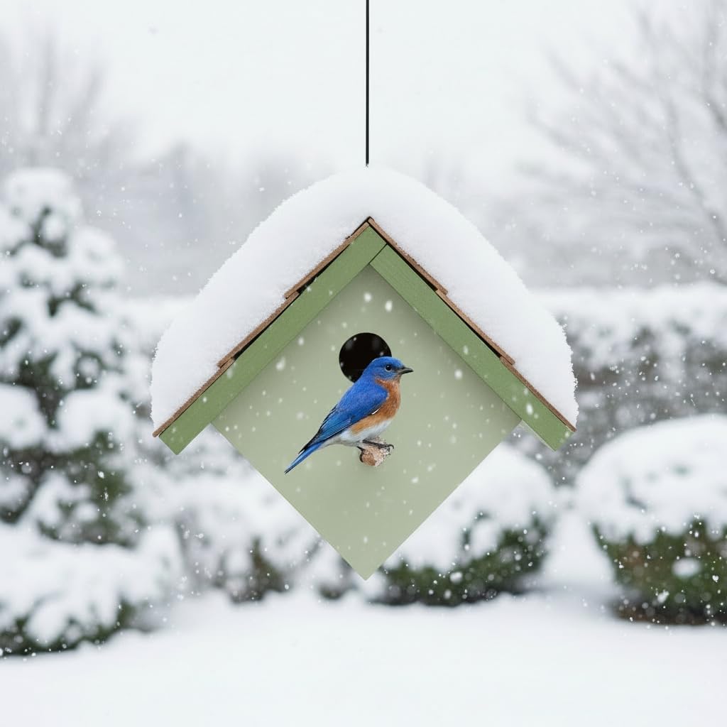 Large Cedar Bluebird House for Outside - Bamboo Shingles Roof Birdhouse for Bluebirds - Weather Proof Metal Protected