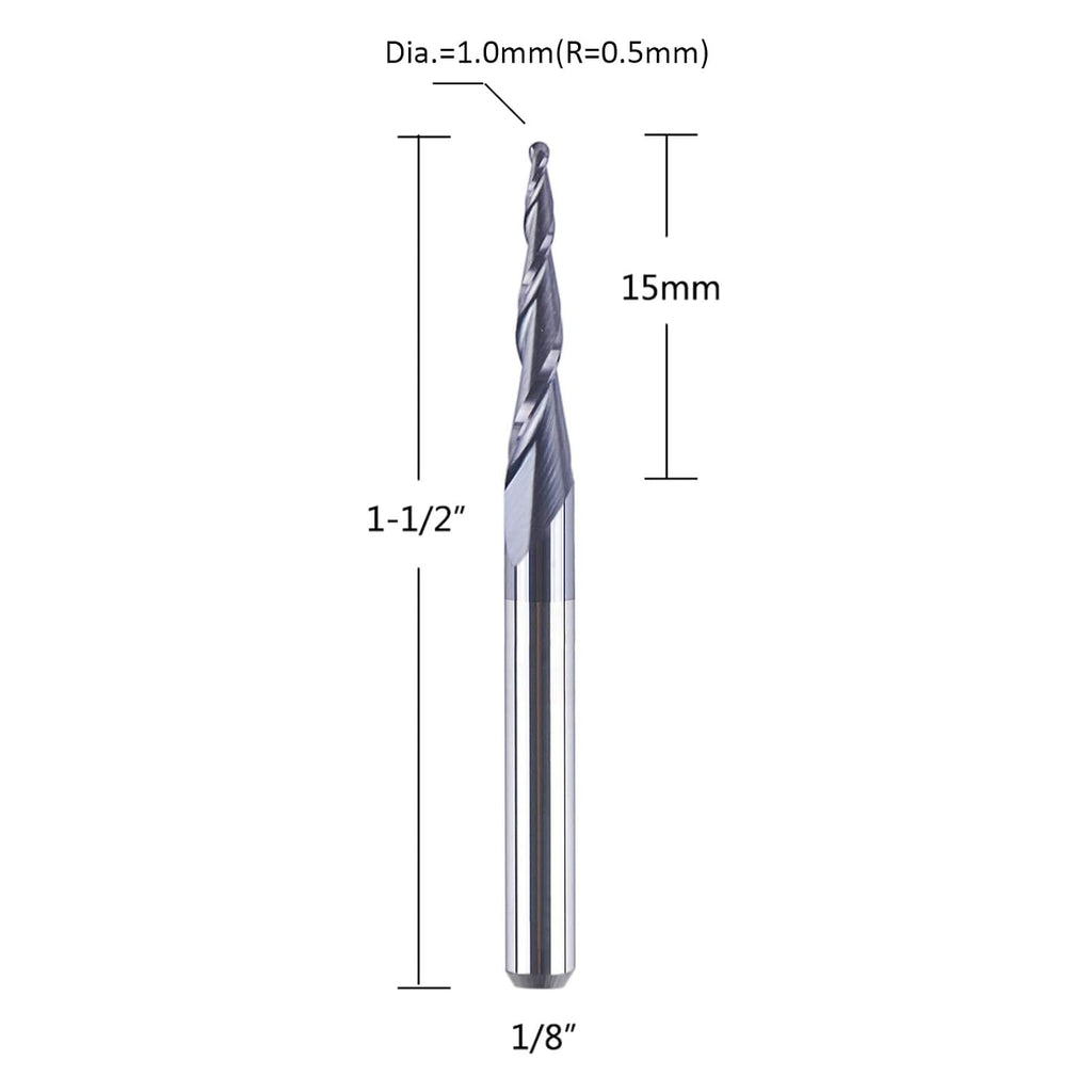 SpeTool 5Pc/Pack Tapered Cone 1/8 End Mills 0.5MM Cutting Radius(1.0mm Diameter) 3D Wood Engrave CNC Router Bits Tools