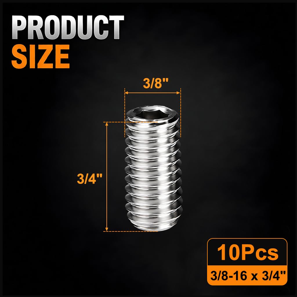 10Pcs 3/8-16 x 3/4" Set Screws, Hex Socket Grub Screws with Cup Point