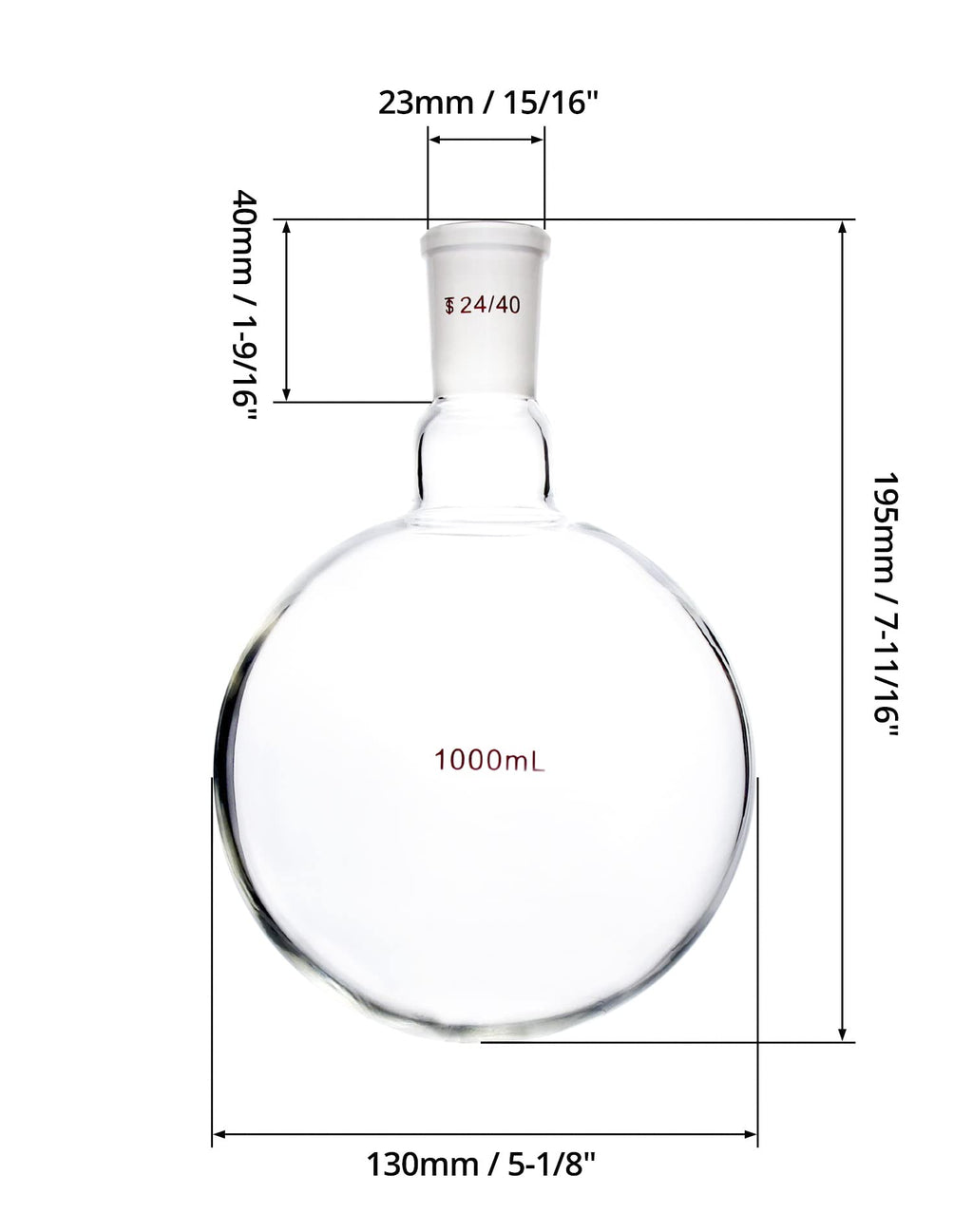 Boiling Flask, Single Neck Round Bottom, 24/40 Standard Taper Outer Joint, 1000ml