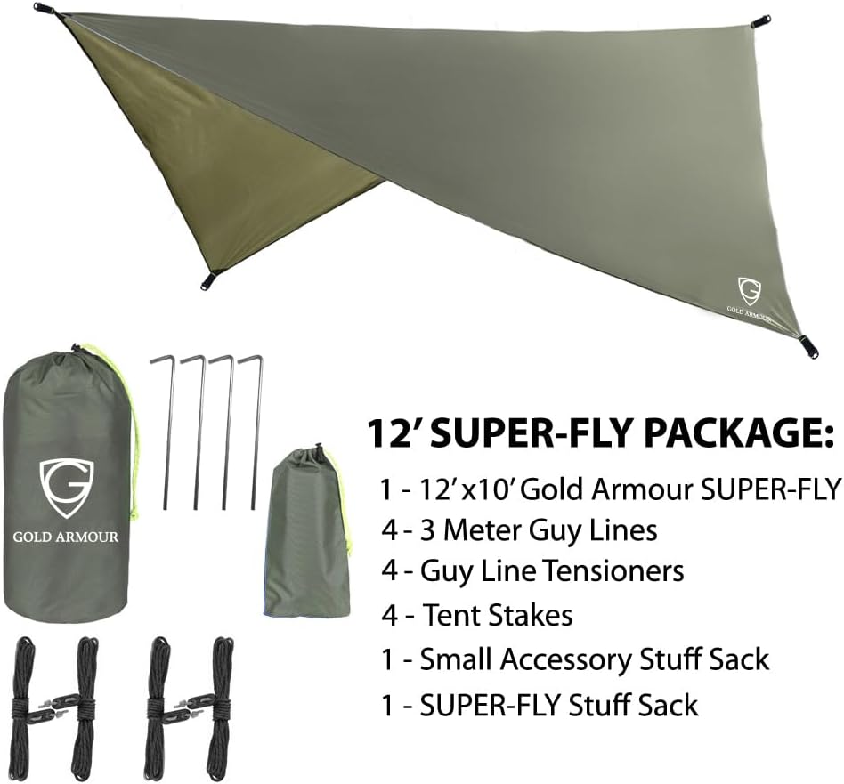 Rainfly Tarp for Hammock and Tent, 12x10ft Waterproof Lightweight Camping Accessories, Survival Gear