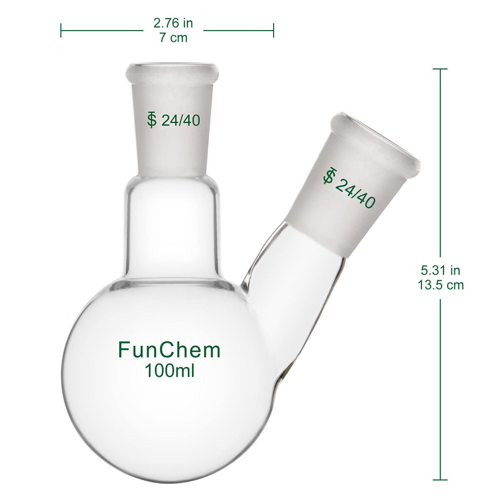 Glass Round Bottom Flask 24/40, 2 Neck Round Bottom Receiving Boiling Flask RBF, with 24/40 Standard Taper Outer