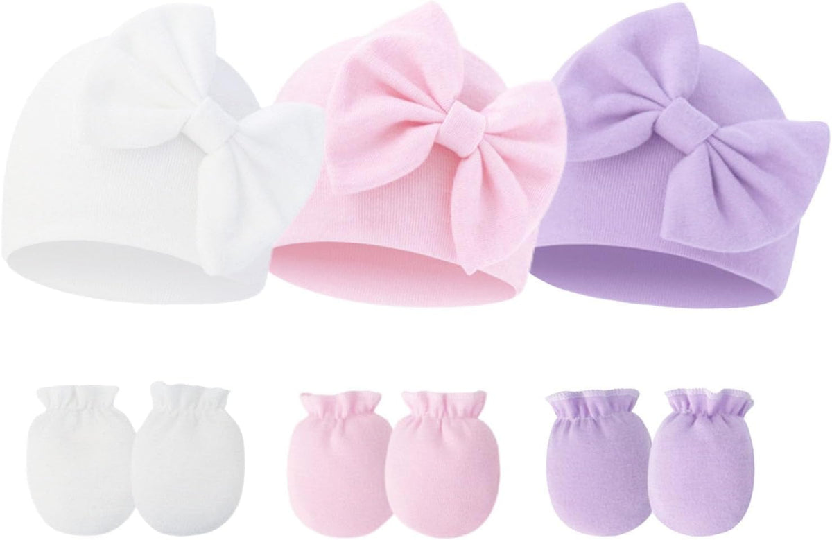 Newborn Baby Hats Mittens Sets Bow Infant Caps Gloves No Scratch Mitten Beanie Set for 0-6 Months Girls