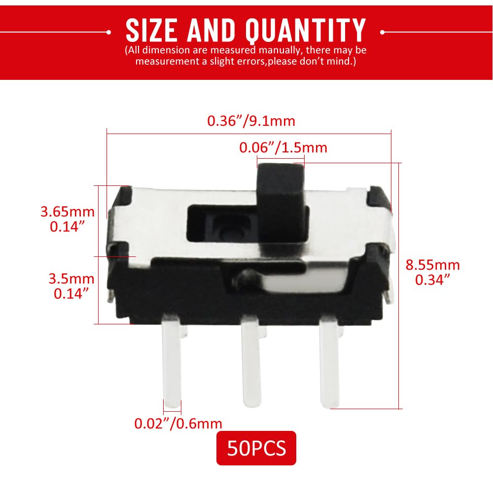 WMYCONGCONG 50 Pcs 6 Pin 2 Position DPDT Vertical Micro Slide Switch for for DIY Electronics Project