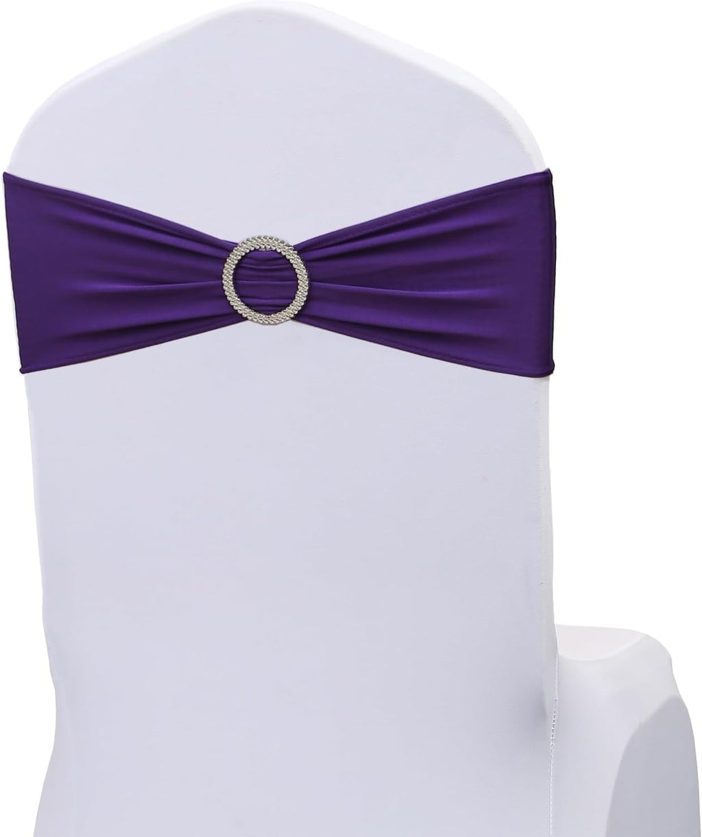 Purple Chair Sashes Bows - 50PCS Stretch Spandex Chair Sashes Bands with Buckles Slider Universal Elastic Chair Ties