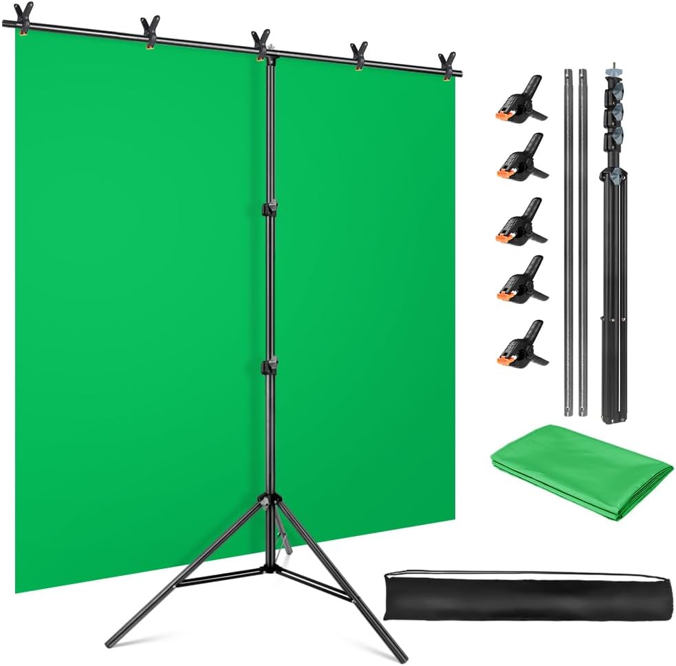 Green Screen Backdrop Stand Kit, 5x6.5FT Portable Greenscreen | Adjustable, carrying bag & 5 clamps, chromakey