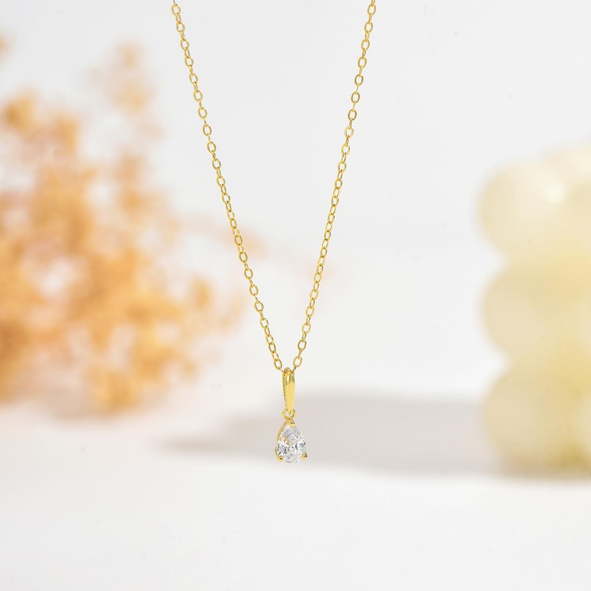 14K Gold Plated Teardrop Dainty Gold Necklace for Women Solitaire Tear Pear CZ Cubic Zirconia 925 Sterling Silver