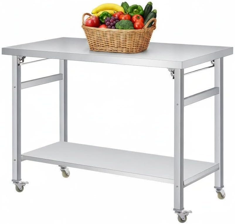 48x24" NSF Stainless Steel Folding Prep Table w/ Undershelf & Casters