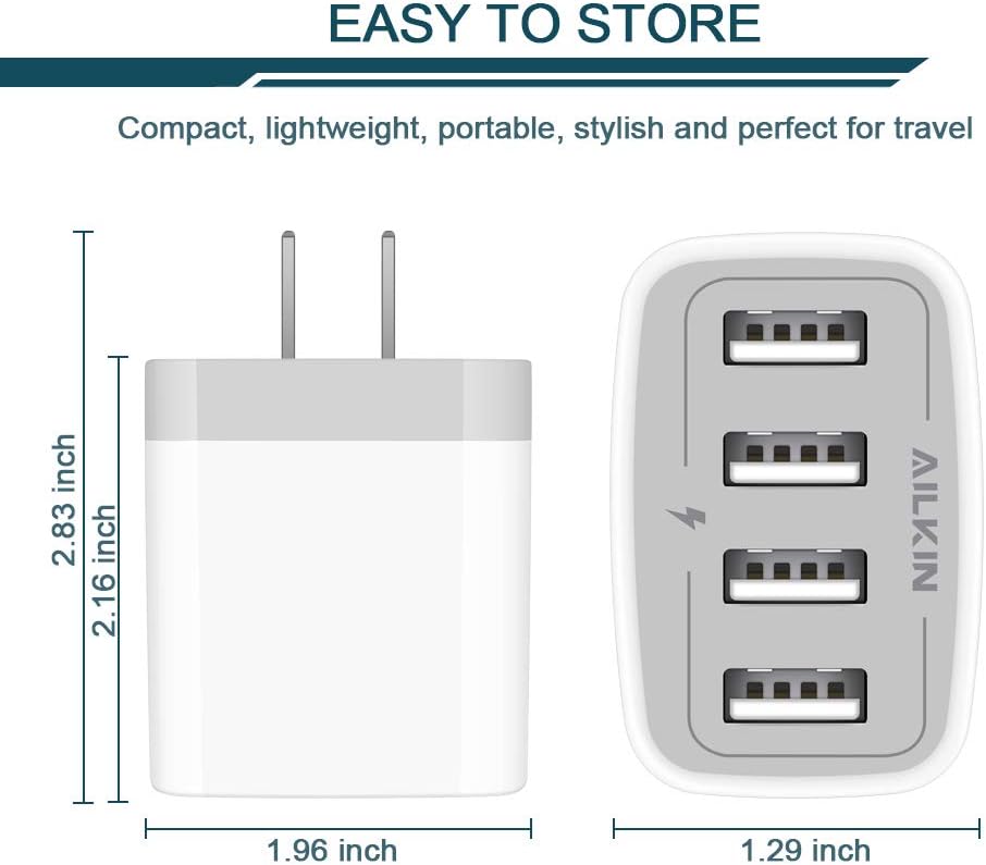 USB Charger Cube, Wall Charger Plug, AILKIN 4.8A 4-Muti Port USB Adapter Power Plug Charging Station Box Base
