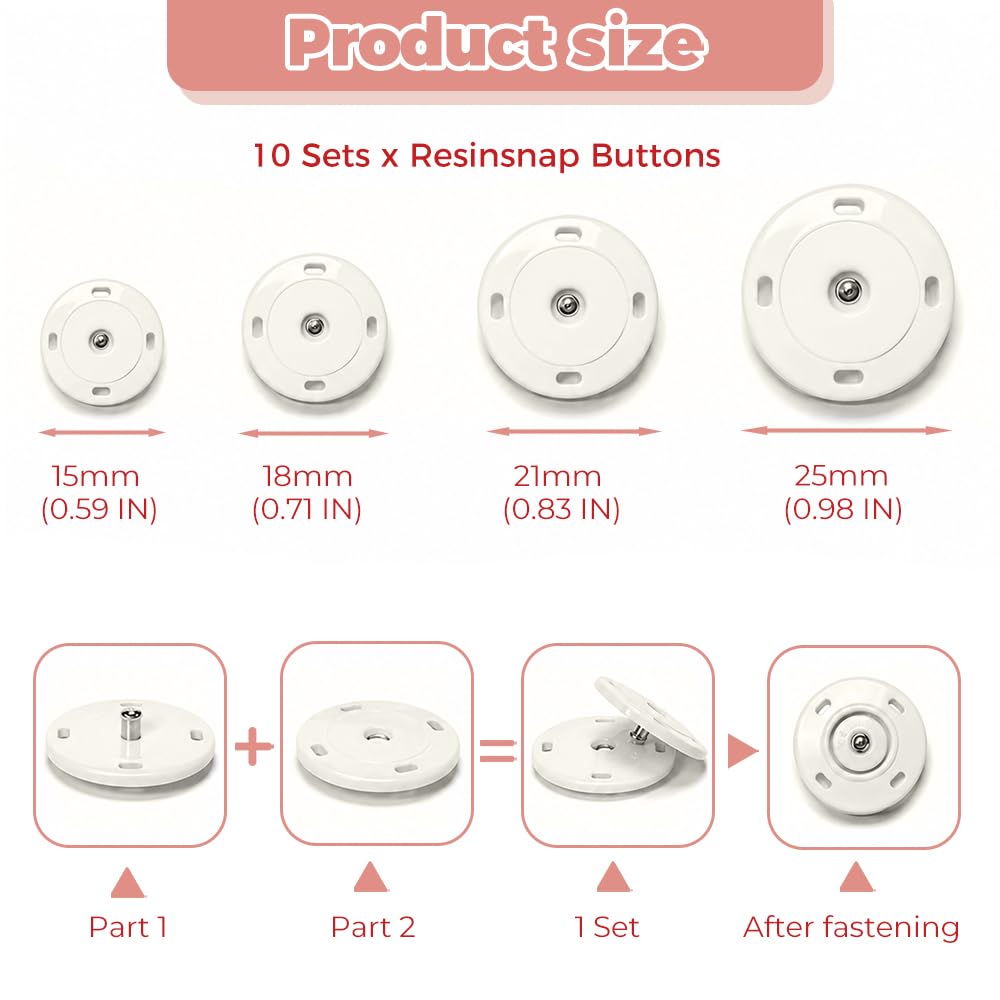 10 Set Shell‑Like Resin Snap Buttons 18mm, White