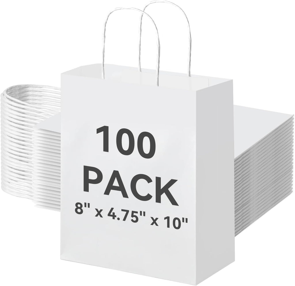 100 Pack Paper Gift Bags with Handles, 8x4.75x10 Inch, White