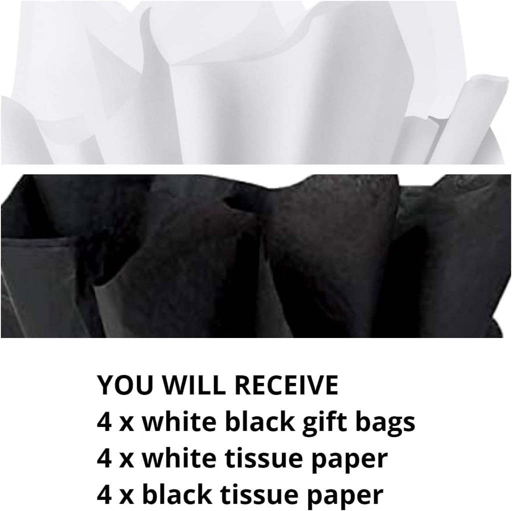Small White & Black Gift Bags with Handles and Tissue Paper, 4 Pack