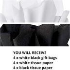 Small White & Black Gift Bags with Handles and Tissue Paper, 4 Pack