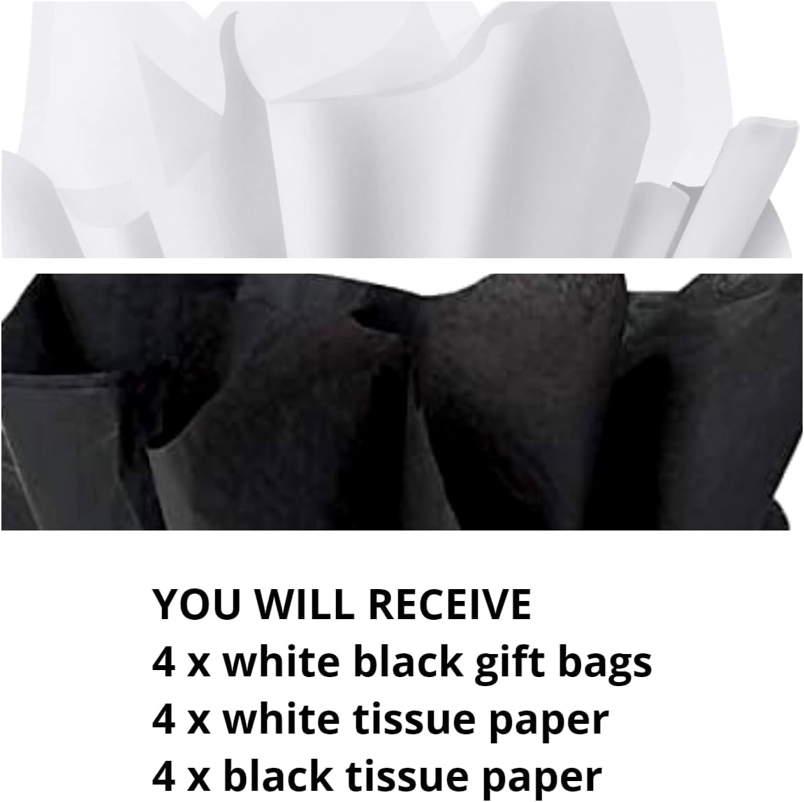 Small White & Black Gift Bags with Handles and Tissue Paper, 4 Pack