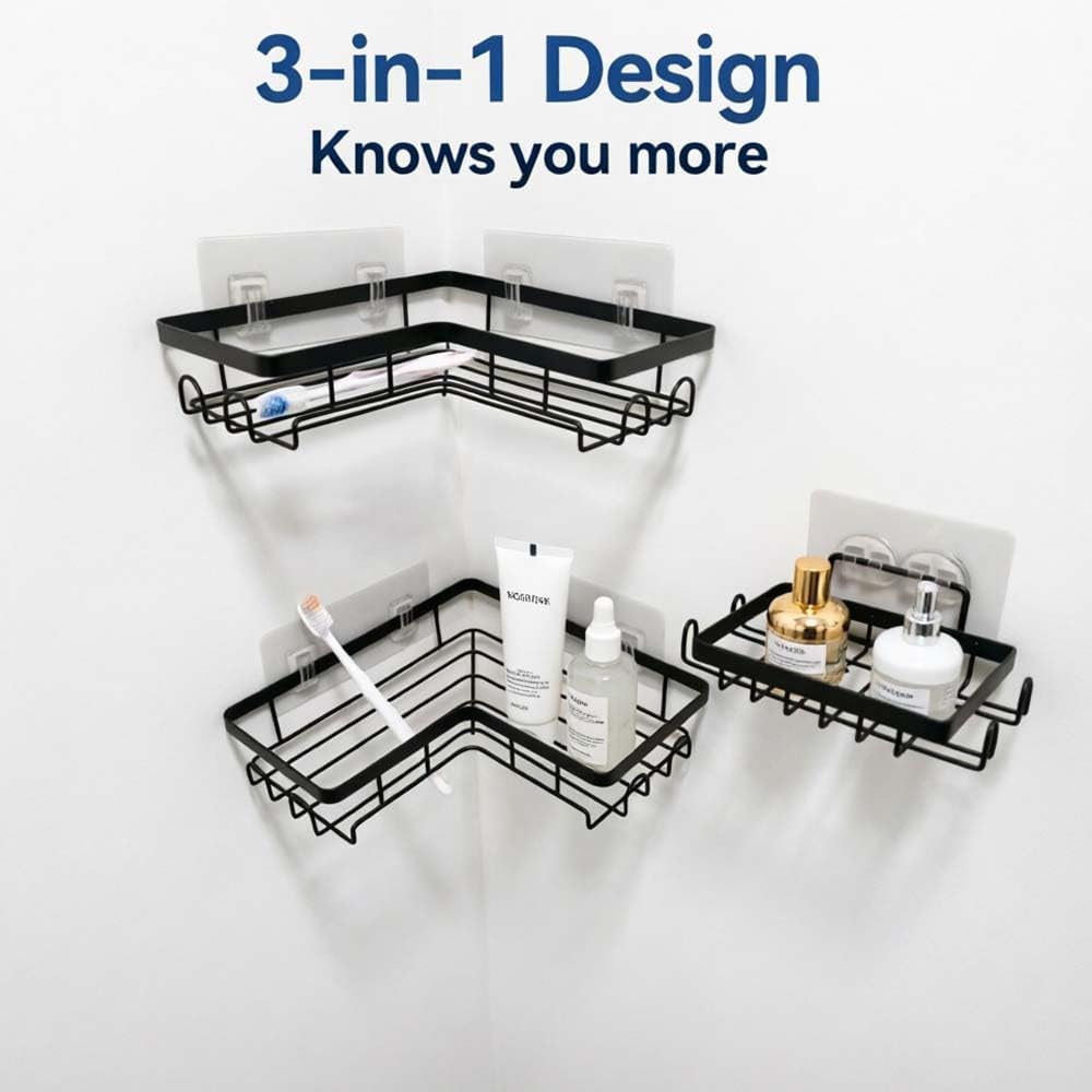 Corner Shower Caddy, 3 Pack Adhesive No-Drill Shelf, Rustproof Bathroom Organizer Rack with Hooks