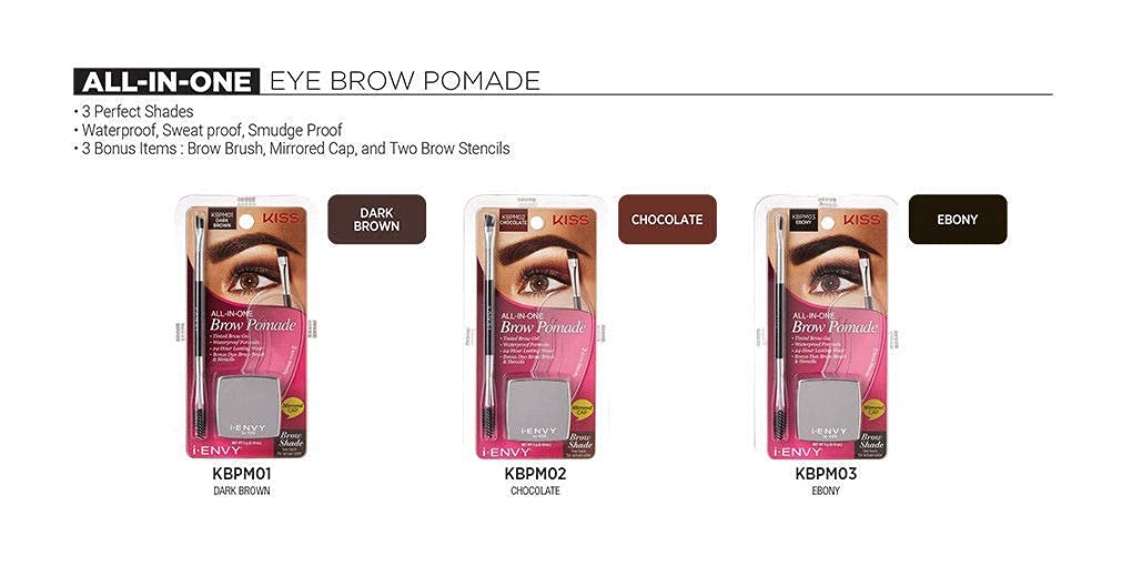 by KISS All-In-One Brow Pomade Dark Brown KBPM01 Waterproof Long Lasting Mirror Cap Stencils Included