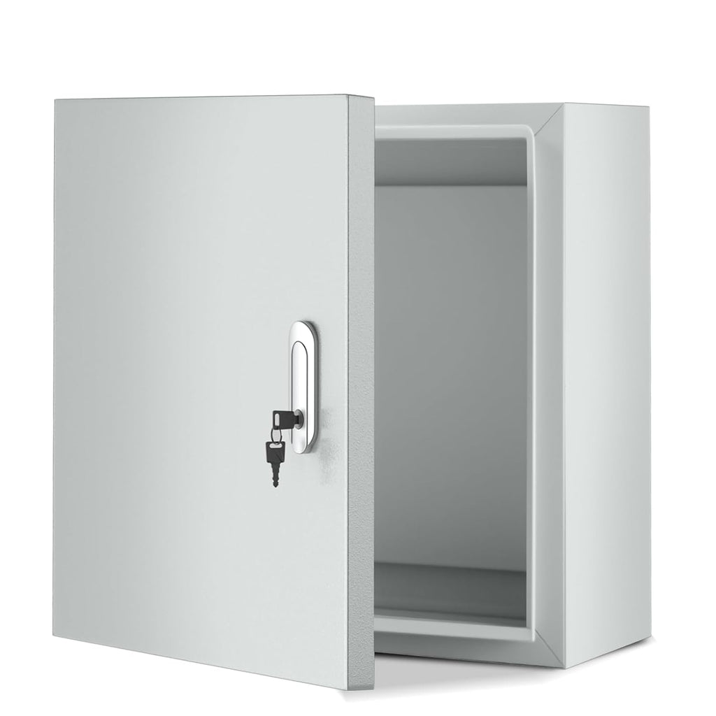 Steel Electrical Enclosure, 12 x 10 x 6'' Outdoor Wall-Mounted Weatherproof Box, Lockable Lid & Integrated Mounting Plate for Industrial/Commercial Electrical Installations