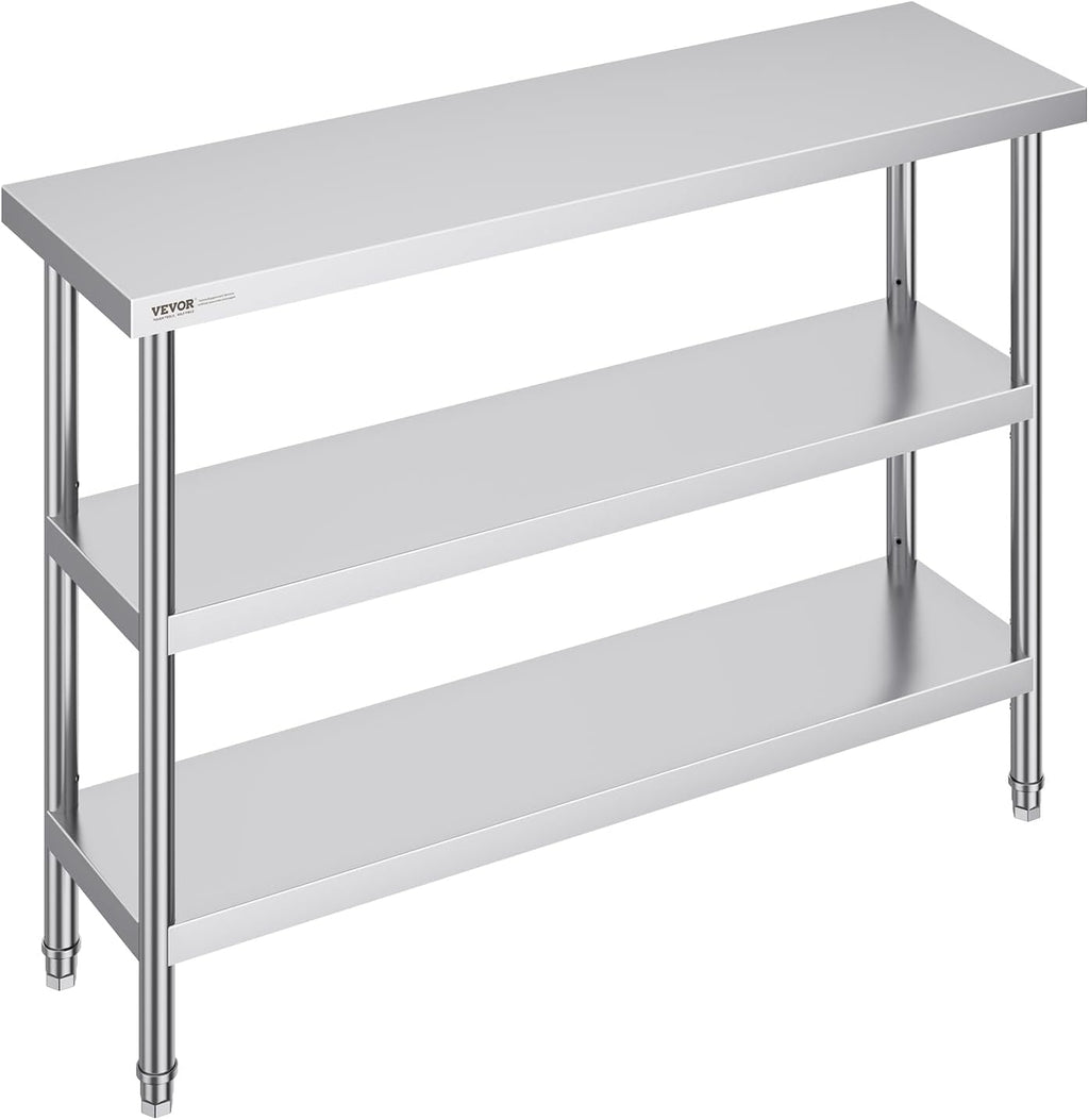 Stainless Steel Food Prep Table, 14 x 48 x 34 Inch Commercial Kitchen Worktable, with 2 Adjustable Undershelf, Heavy
