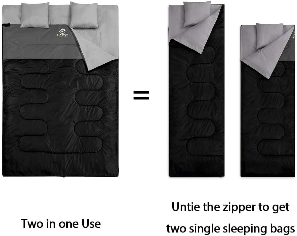 Double Sleeping Bag for Adults with 2 Pillows - Queen Size XL Waterproof Sleeping Bag for All Season Camping Hiking