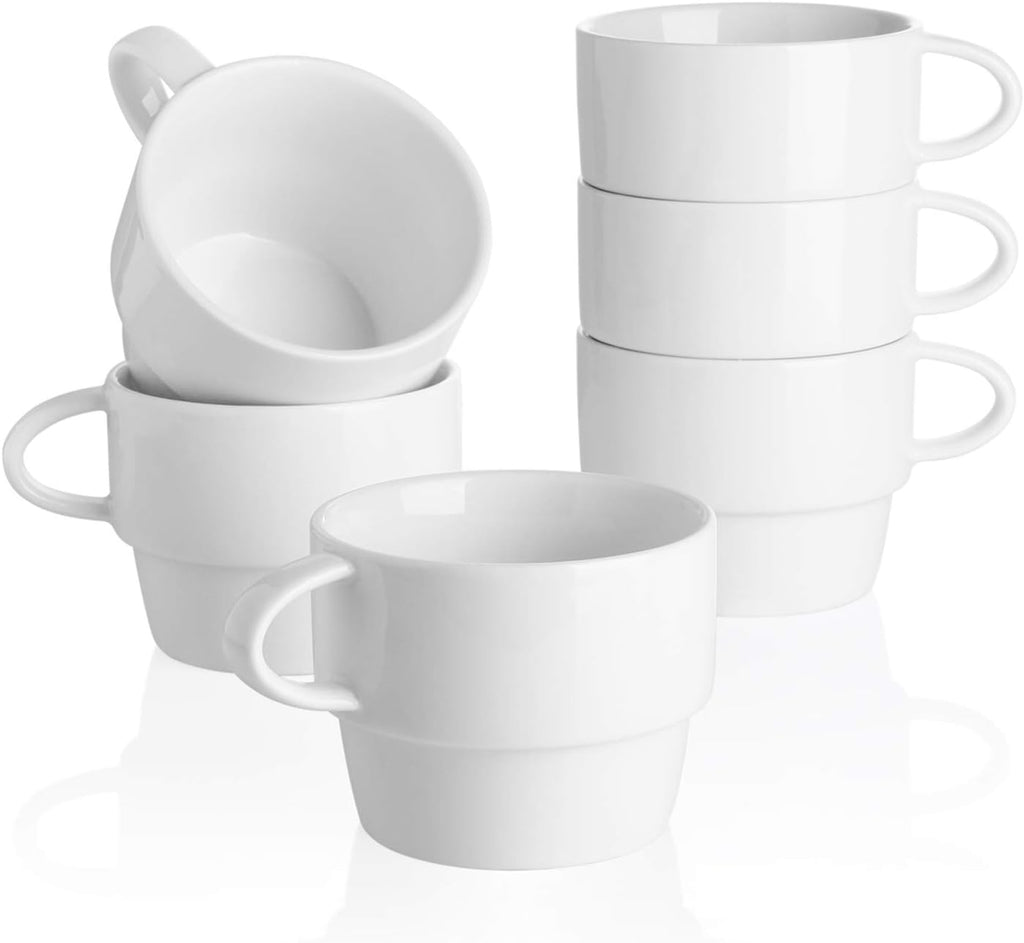 10 oz Stackable Porcelain Coffee Mugs, Set of 6, White