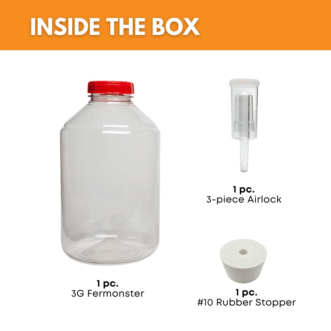 3 Gallon PET Wide Mouth Fermonster with Airtight Lid, #10 Drilled Stopper & Twin Bubble Airlock | BPA-Free