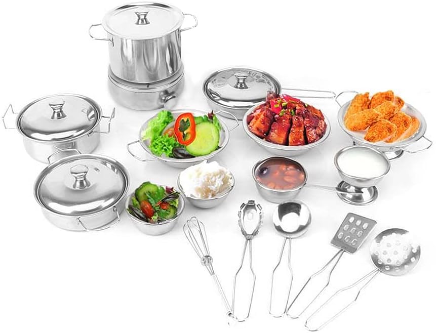 Kids Kitchen Pretend Play Toys, Cooking Toys Play Pots and Pans Set for Kids, 21pcs Small Stainless Steel Kitchen