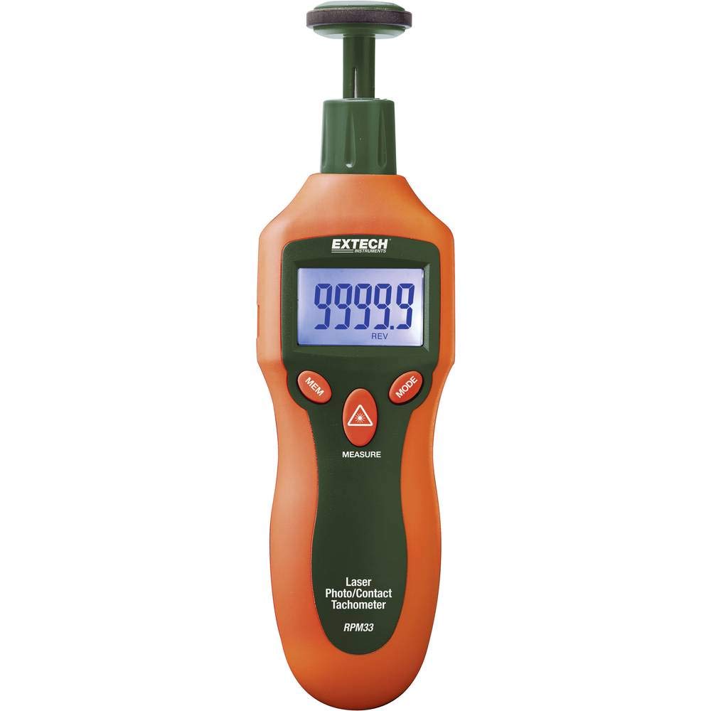 Extech RPM33 Combination Contact/Laser Photo Tachometer - Digital Handheld Meter for RPM, Surface Speed, and Length - 2 to 99,999 RPM, 0.05% Accuracy, Backlit LCD Display, Memory, Case Included