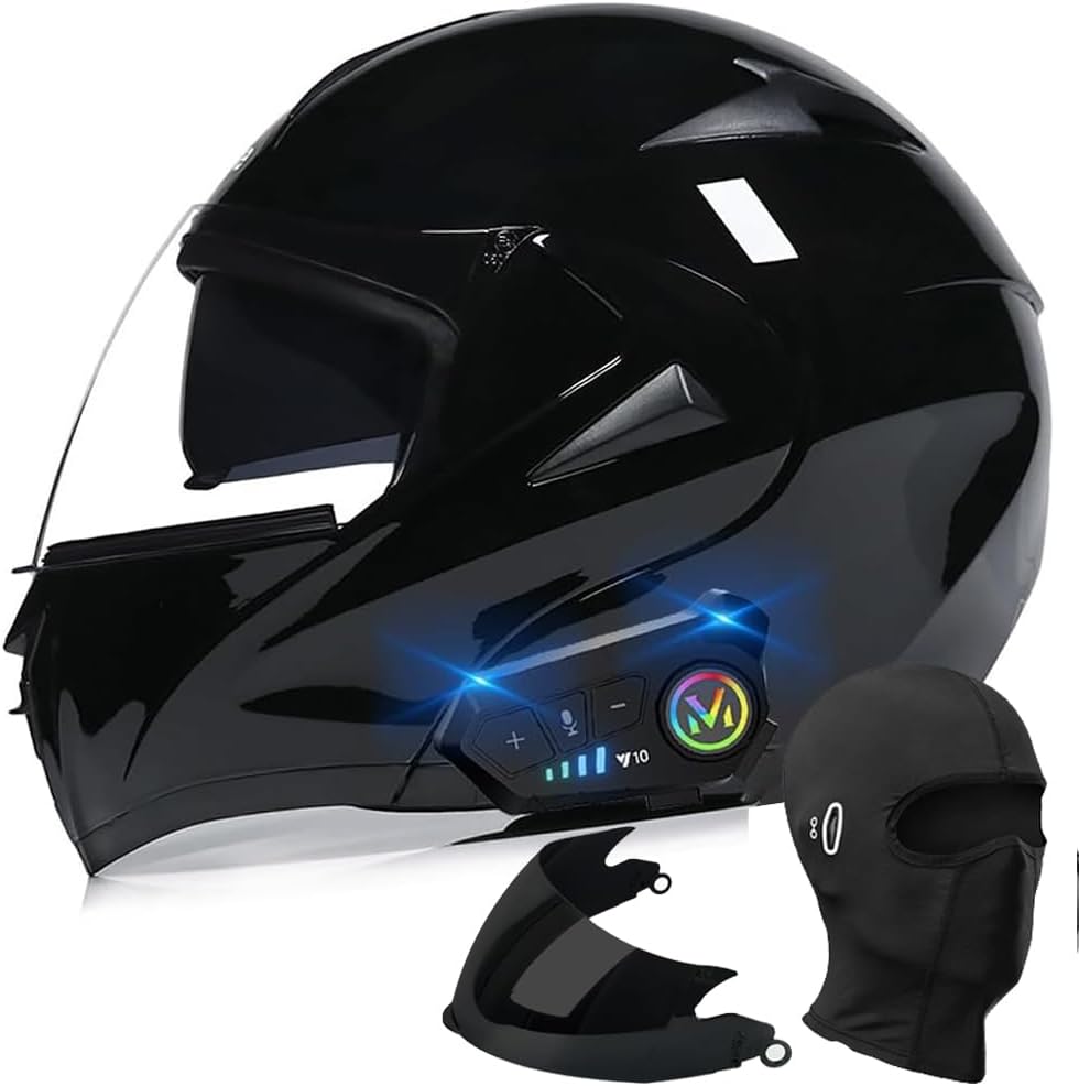 Bluetooth Modular Motorcycle Helmet, DOT Approved Flip Up Full Face Integrated Helmet, Double Visor Helmet Built-in