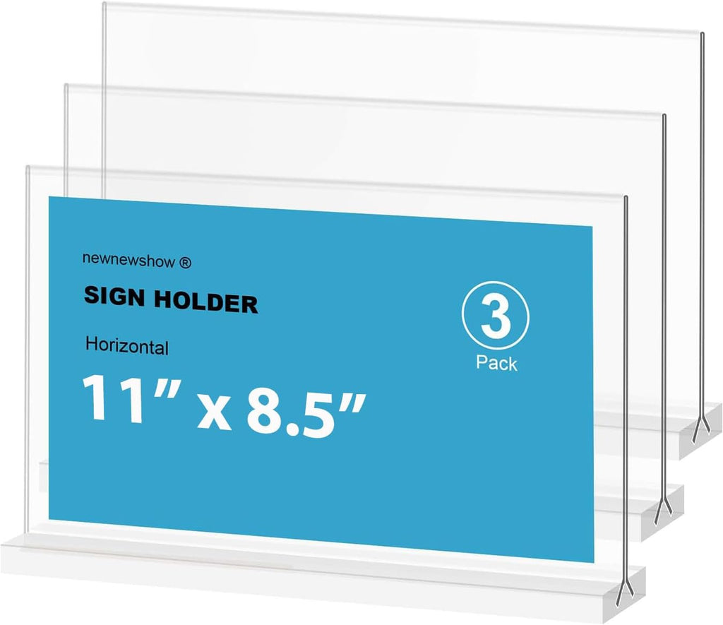Acrylic Sign Holder 11x8.5 Inch 3 Pack Horizontal T Shape Double-Sided Desktop Display Holder. (Optional 8.5x11