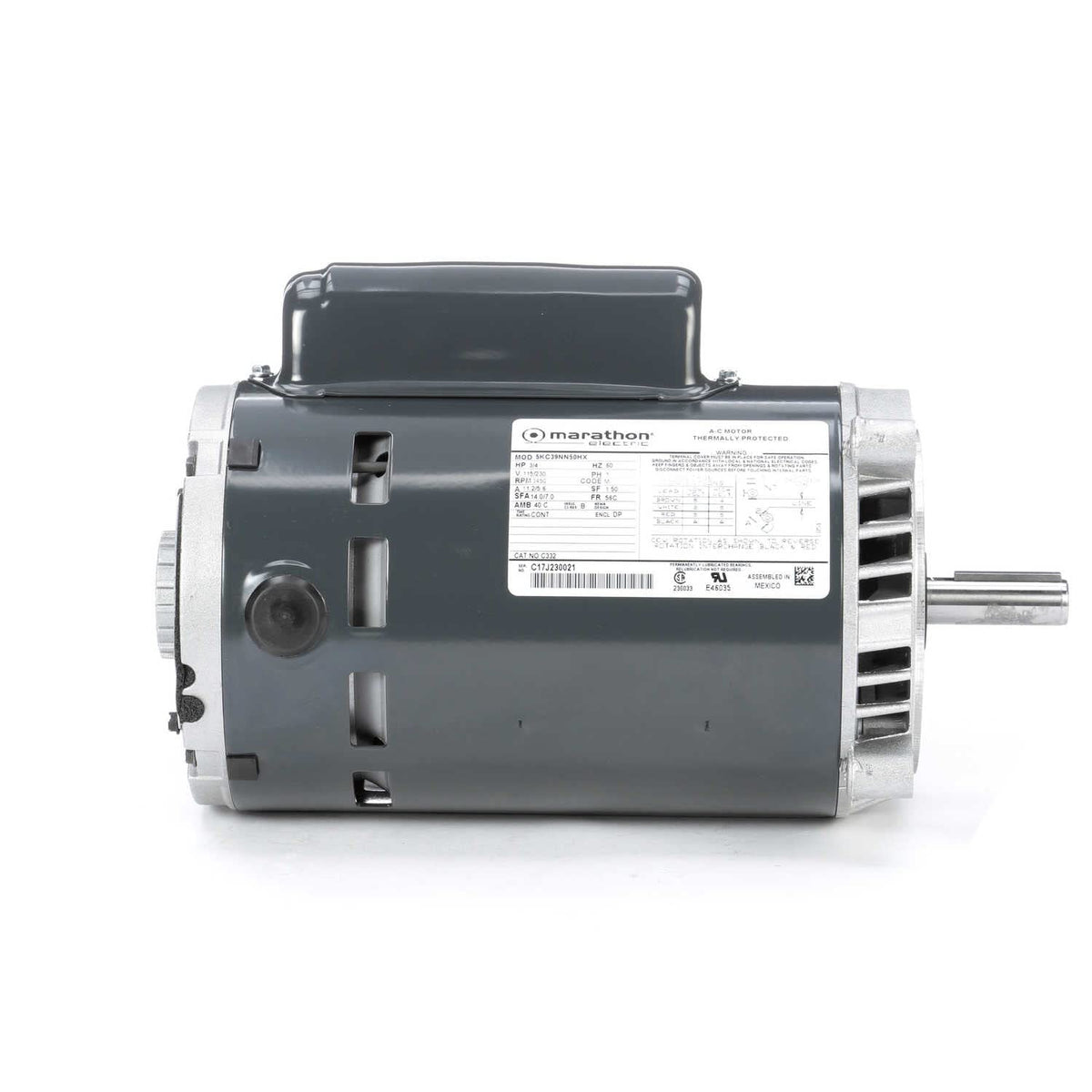 Marathon C332 56C Frame Open Drip Proof 5KC39NN50X Oil Burner Motor, 3/4 hp, 3600 RPM, 115/230 VAC, 1 Phase, 1 Speed, Ball Bearing, Flange Mount, Capacitor Start