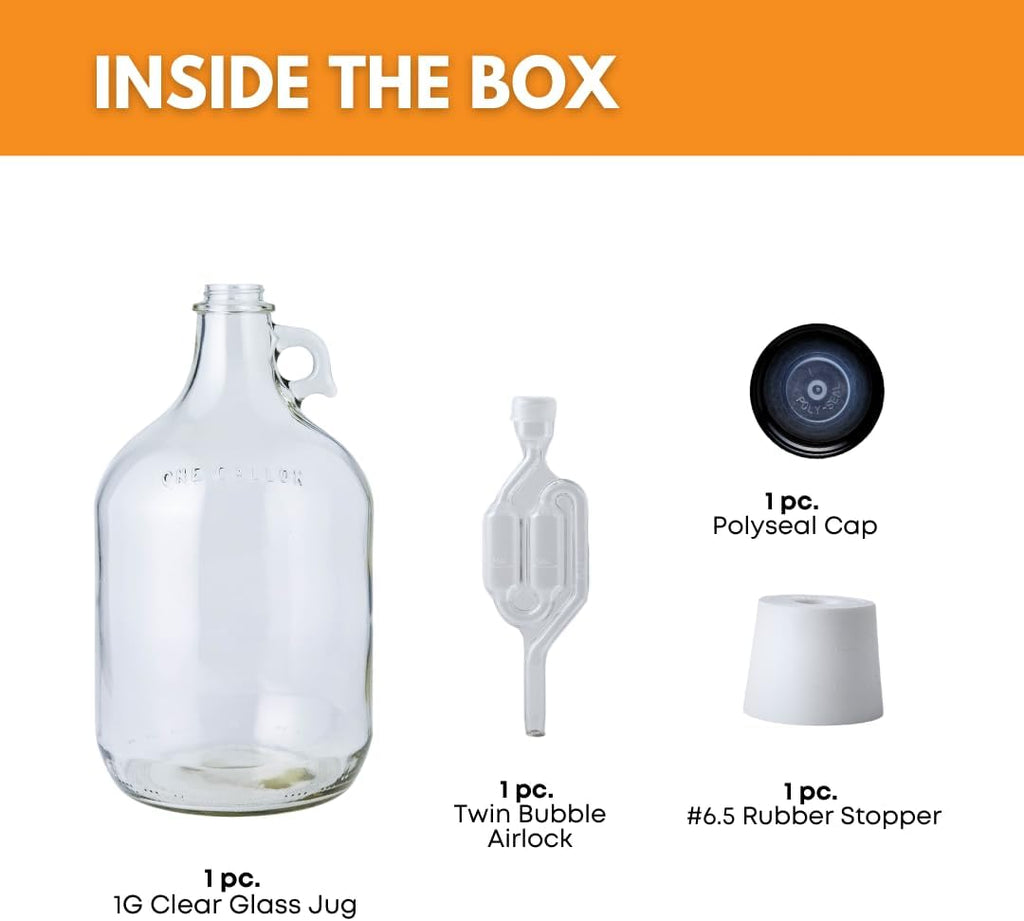 1 Gallon Glass Jug with Black Polyseal Caps, 6.5G Rubber Bungs & Twin Bubble Airlocks – Fermentation Jars for Home