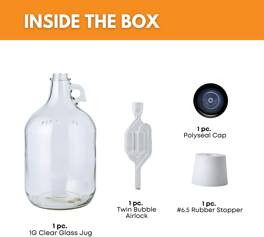 1 Gallon Glass Jug with Black Polyseal Caps, 6.5G Rubber Bungs & Twin Bubble Airlocks – Fermentation Jars for Home