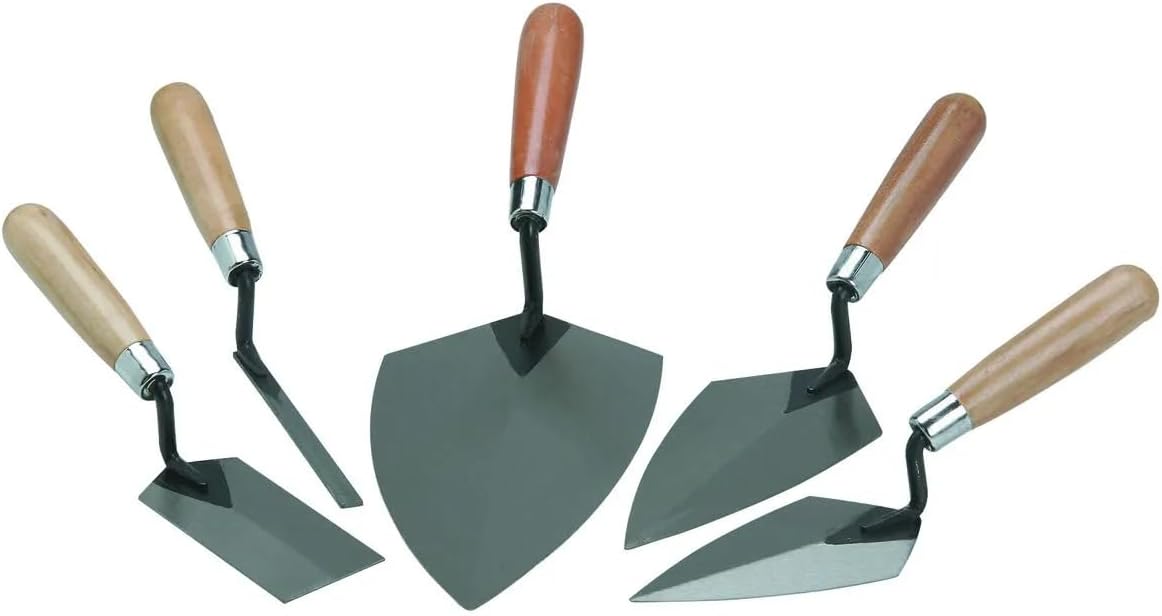 Masonry Trowel Set 5 Pc, Pointing Trowels 3 Sizes, Margin, Tuck Point | Hardened steel blades, lacquered wood handles