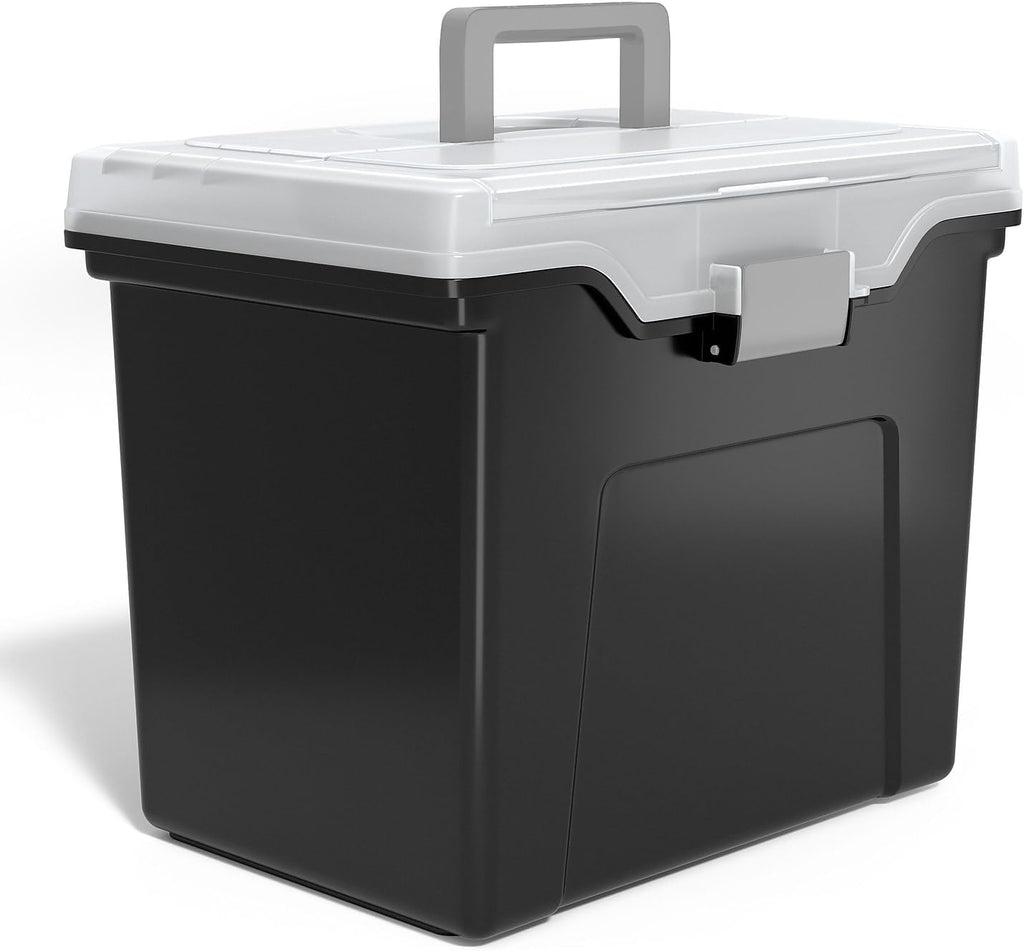 File Folder Tote, Portable Filing Box for Letter SIze Hanging Folders, Security Latch & Built-In Lid Organizer