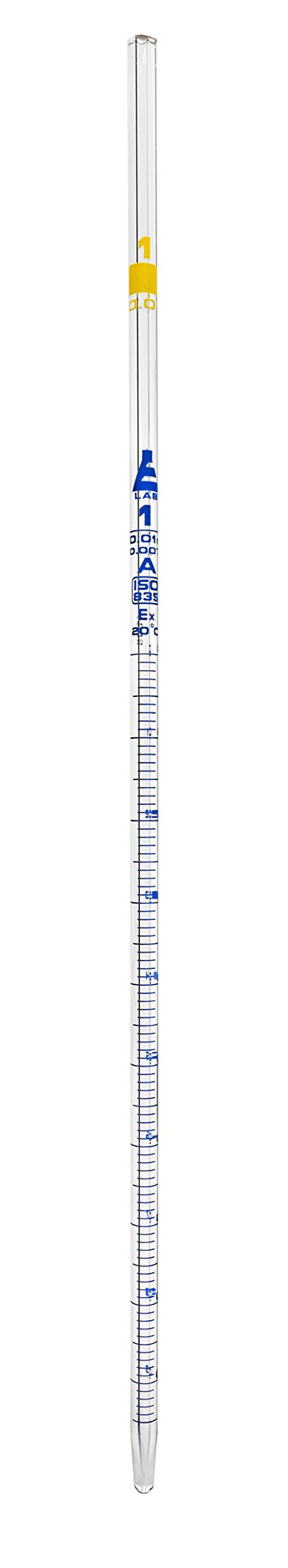 Serological Pipette, 1ml - Class A, Tolerance ±0.007ml - Blue Graduations - Color Code, Yellow - Calibrated for