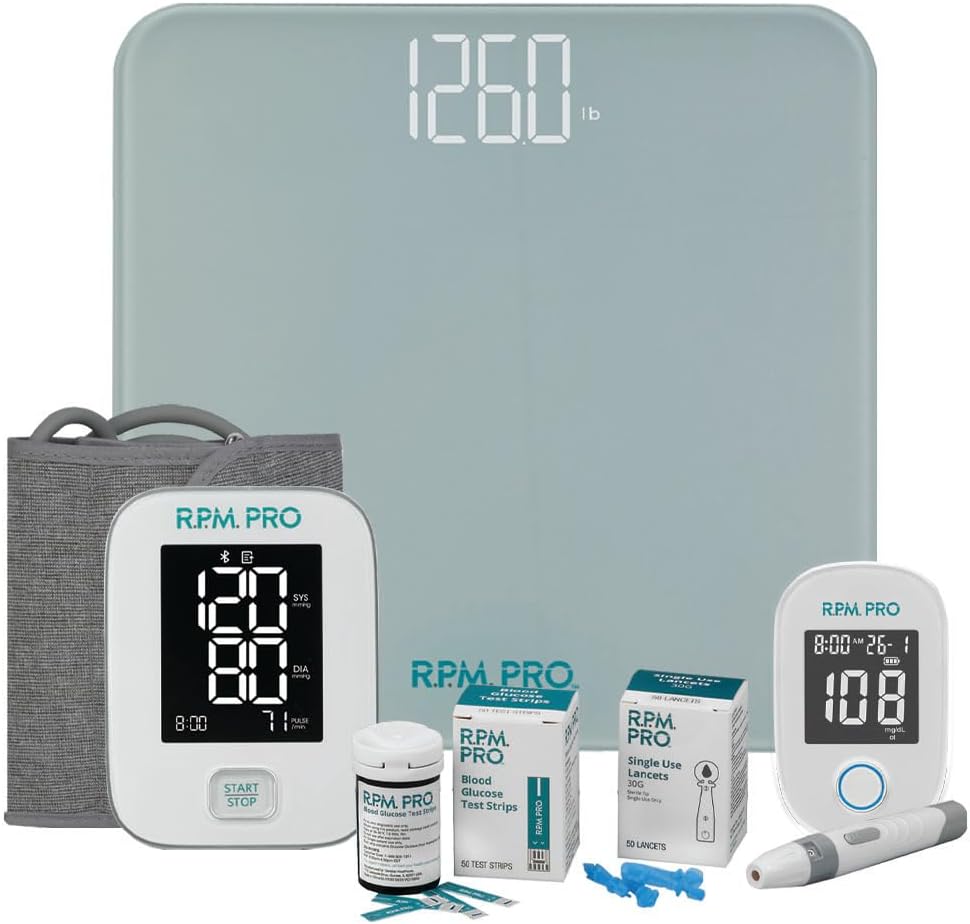 Diabetic Care Product Bundle | Bluetooth Blood Glucose Kit + Blood Pressure Monitor + Digital Weight Scale |Remote
