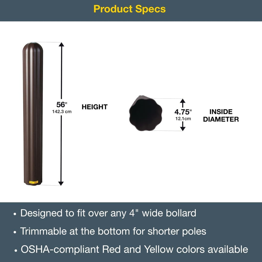 Bollard Covers for 4 Inch Poles - 56" Tall Bollard Post Sleeve | Durable Fluted HDPE Plastic - Trimmable Brown